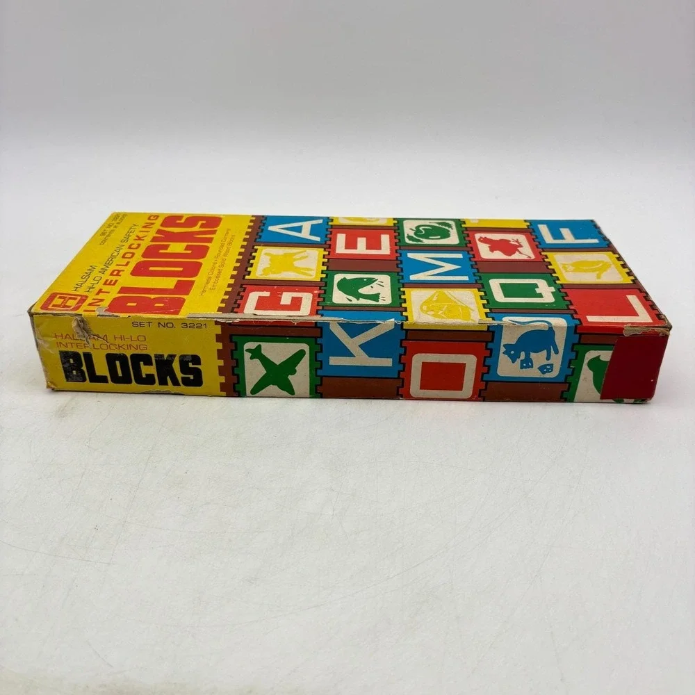 VINTAGE Halsam Hi Lo Interlocking Blocks COMPLETE 21 Wood Blocks Set no 3221